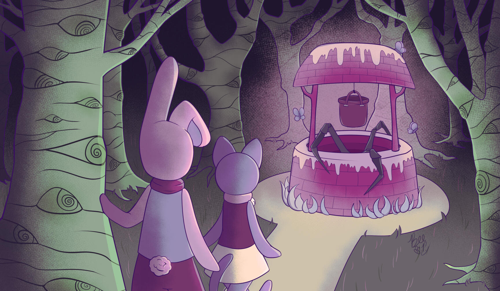 The Well in the Woods - A Visual Development piece featuring two characters in a dark forest walking towards a glowing well