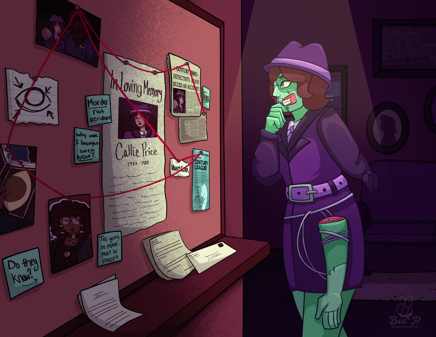 Evidence Board - Storytelling piece for my thesis project, a tabletop trading card fighting game called Zero to 100