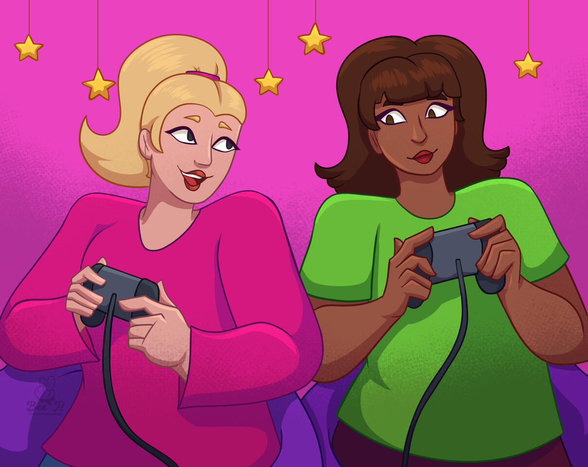 Illustration of two girls playing video games while sitting on beanbag chairs