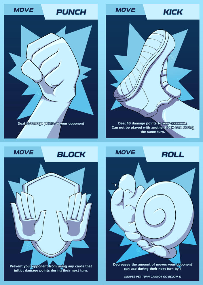Zero to 100 Cards - Designs for the basic move cards in my thesis project, a tabletop trading card fighting game called Zero to 100.