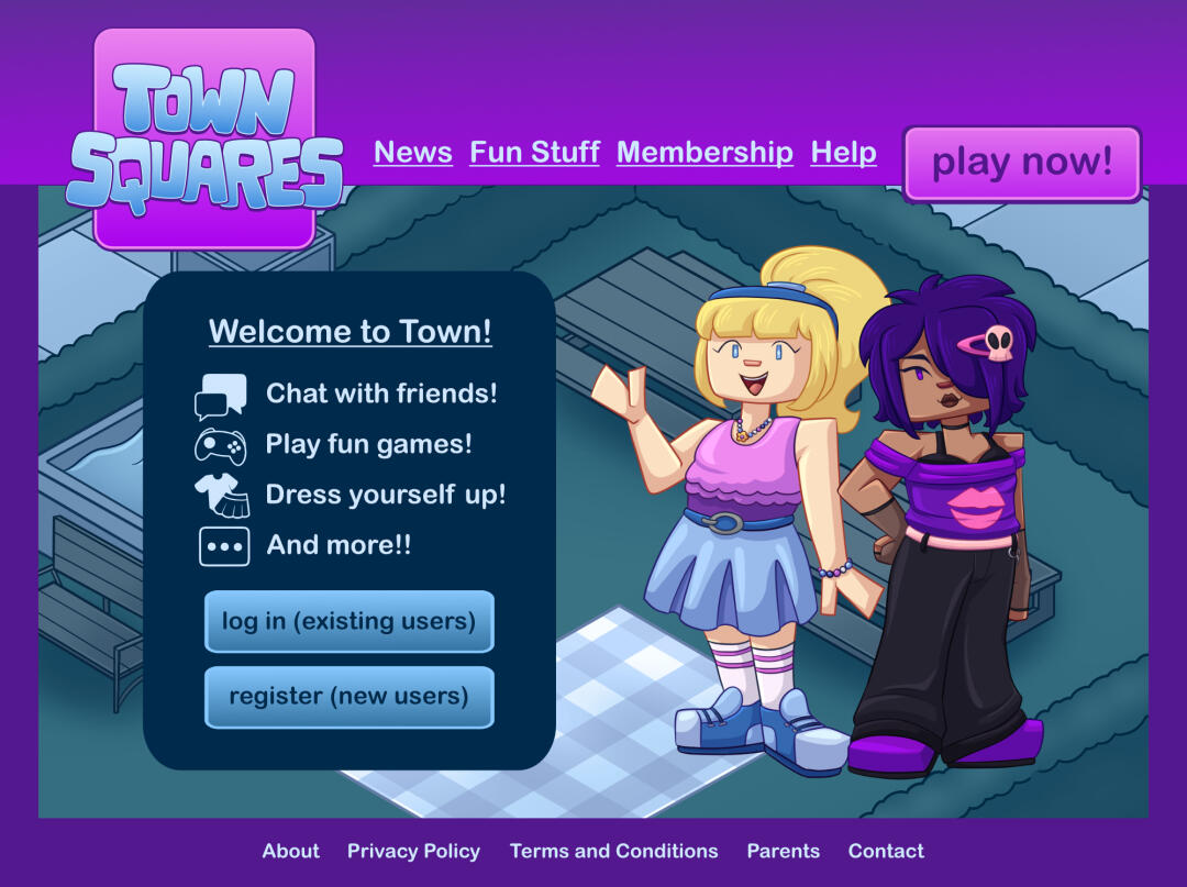 Town Squares - A mockup for the homepage for a virtual world MMO from the mid-2000s that never existed