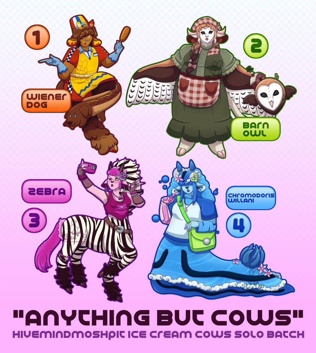 Assorted character designs for the Ice Cream Cows ARPG community